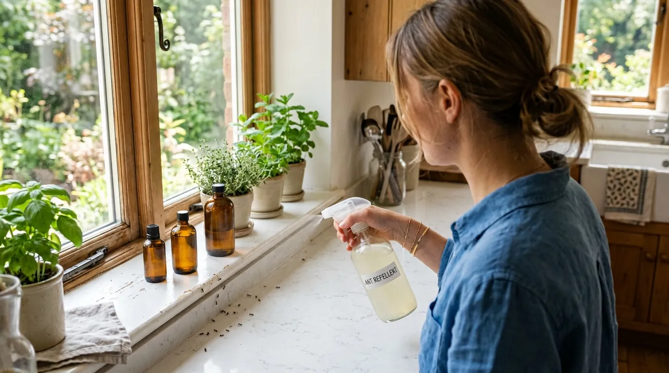Spraying ant repellent along a window sill
