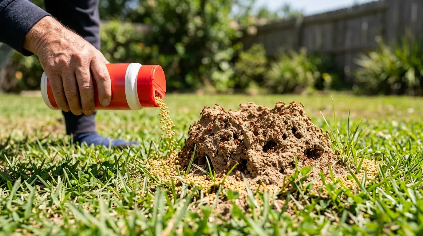 Sprinkling fire-ant bait around a mound