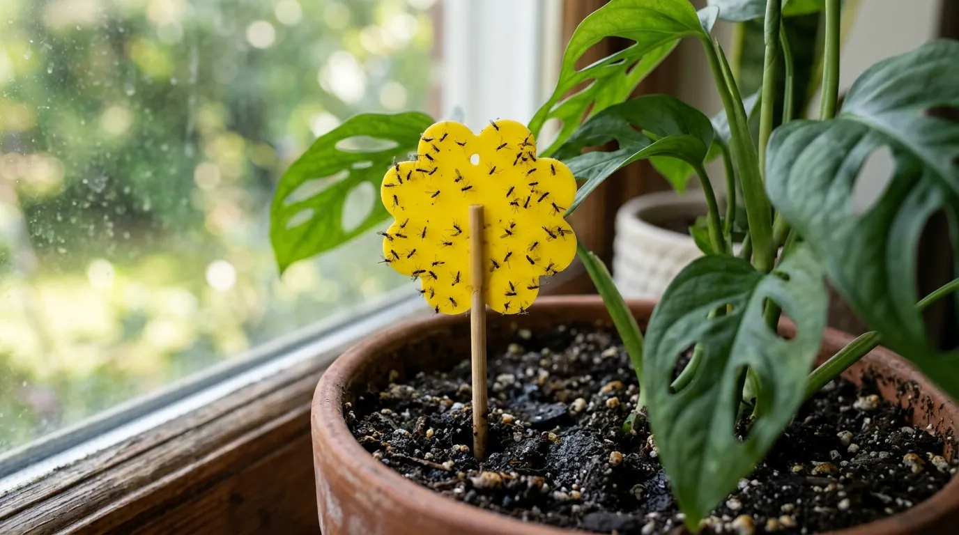A yellow sticky trap catching fungus gnats