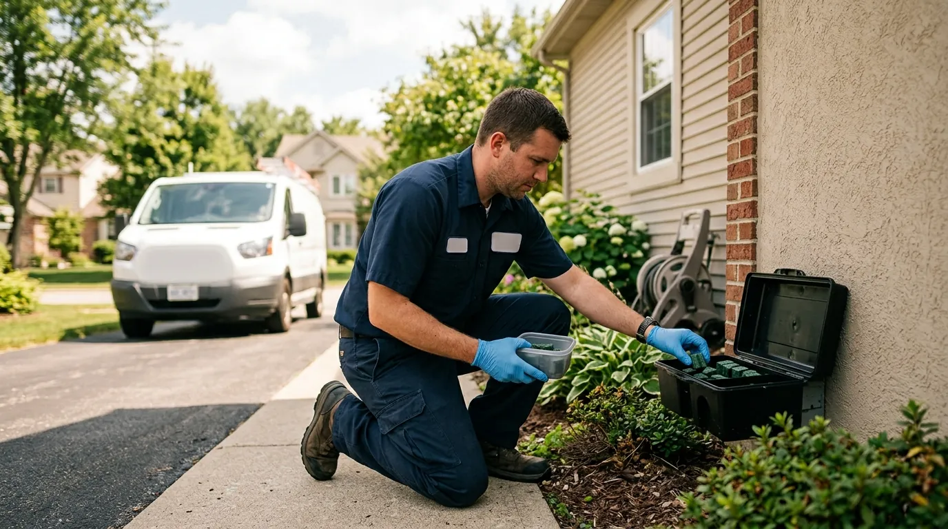 A technician servicing an exterior bait station A technician servicing an exterior bait station