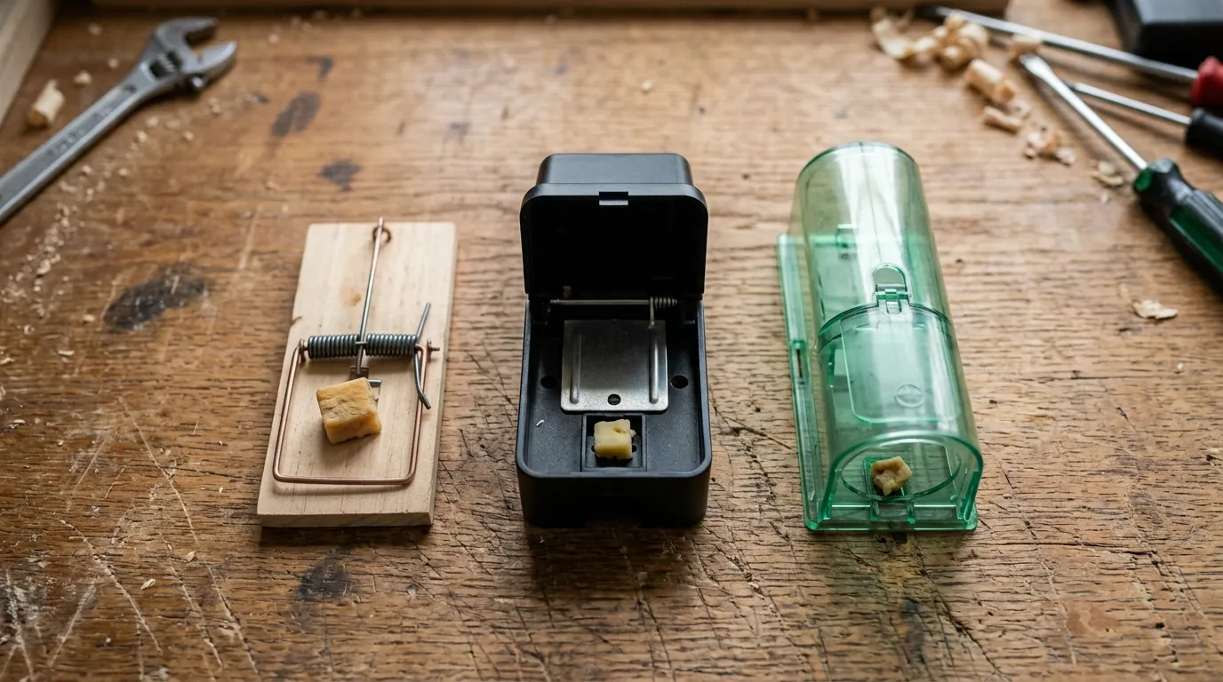 Three types of mouse trap compared on a workbench