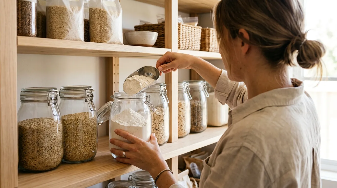 Transferring flour into sealed glass jars for pantry protection