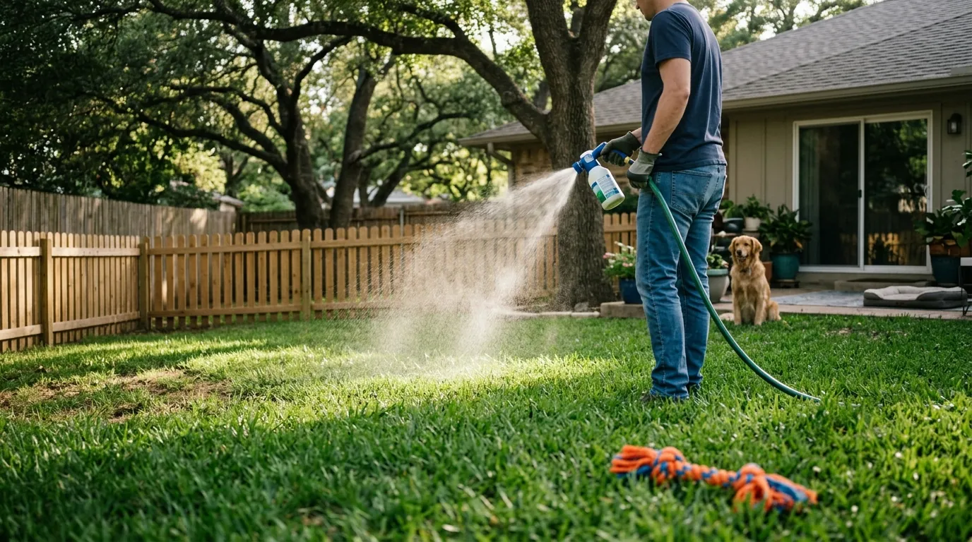 Treating the lawn with a flea yard spray Treating the lawn with a flea yard spray