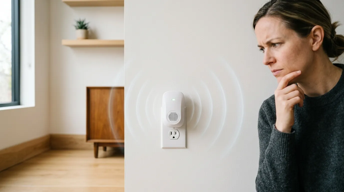 An ultrasonic pest repeller plugged into a wall outlet An ultrasonic pest repeller plugged into a wall outlet