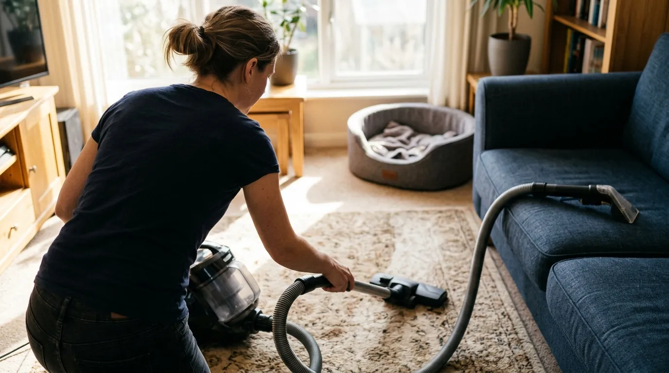 Vacuuming the carpet during a flea treatment Vacuuming the carpet during a flea treatment