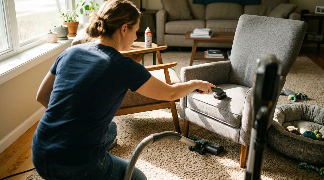 Thoroughly vacuuming carpet edges to remove flea eggs Thoroughly vacuuming carpet edges to remove flea eggs