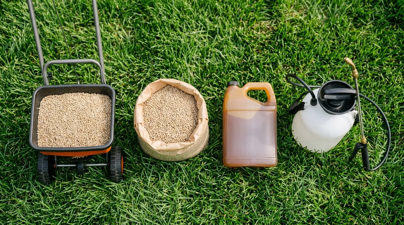 Yard-treatment products set out on a lawn