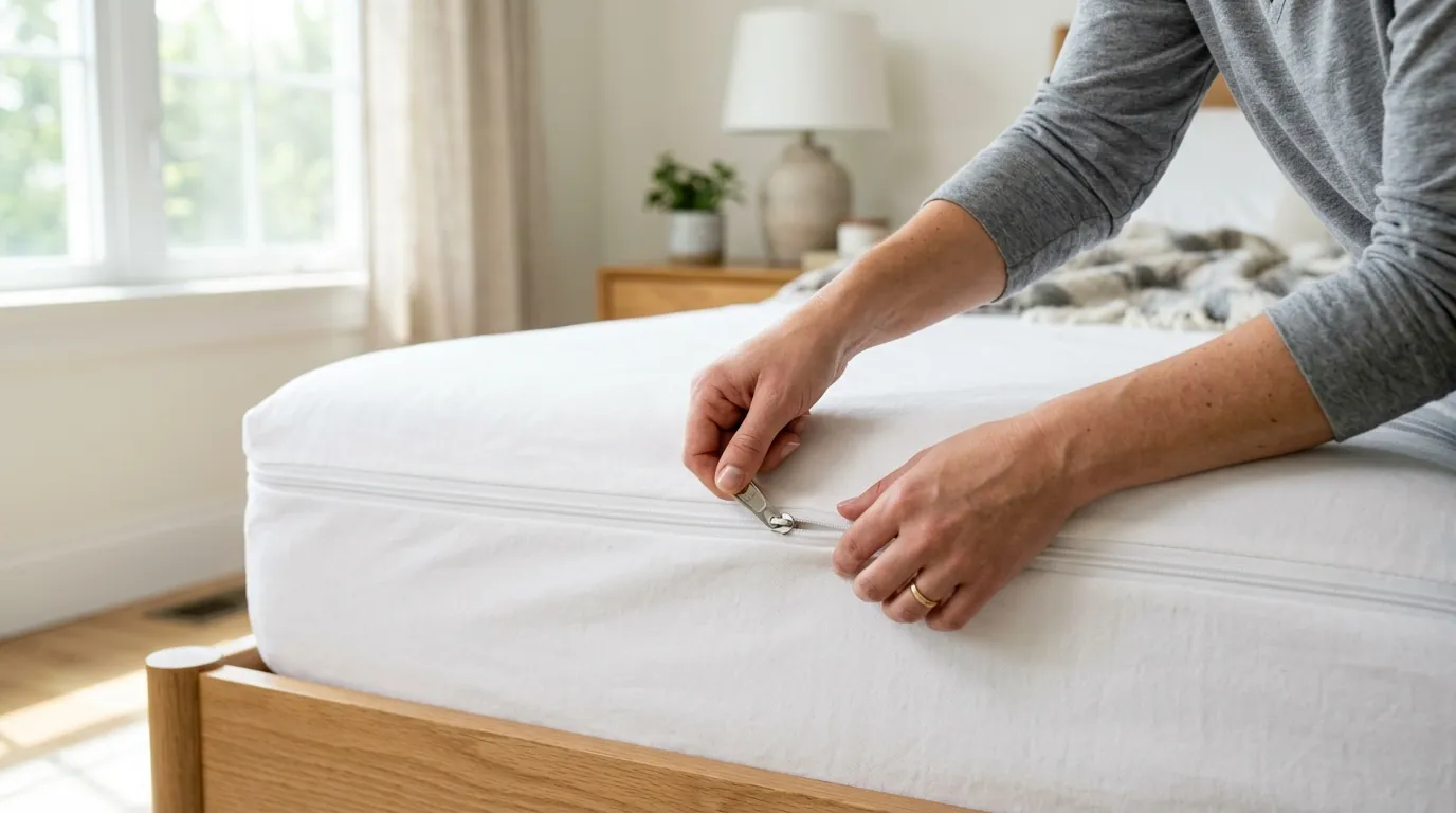 Zipping a bed bug-proof mattress encasement Zipping a bed bug-proof mattress encasement