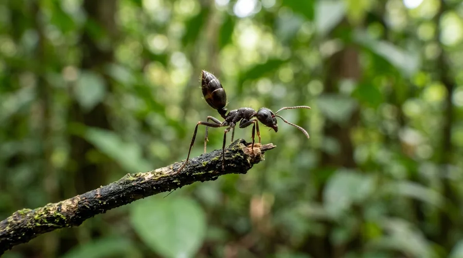 Small acrobat ant raising its heart-shaped abdomen over its body on a piece of wood