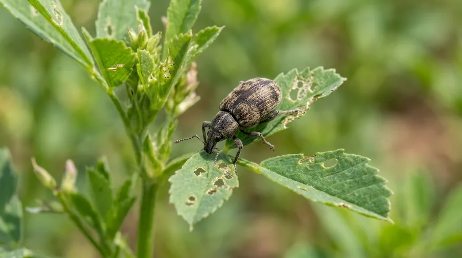 Green alfalfa weevil larva with a white back stripe on a chewed alfalfa leaf