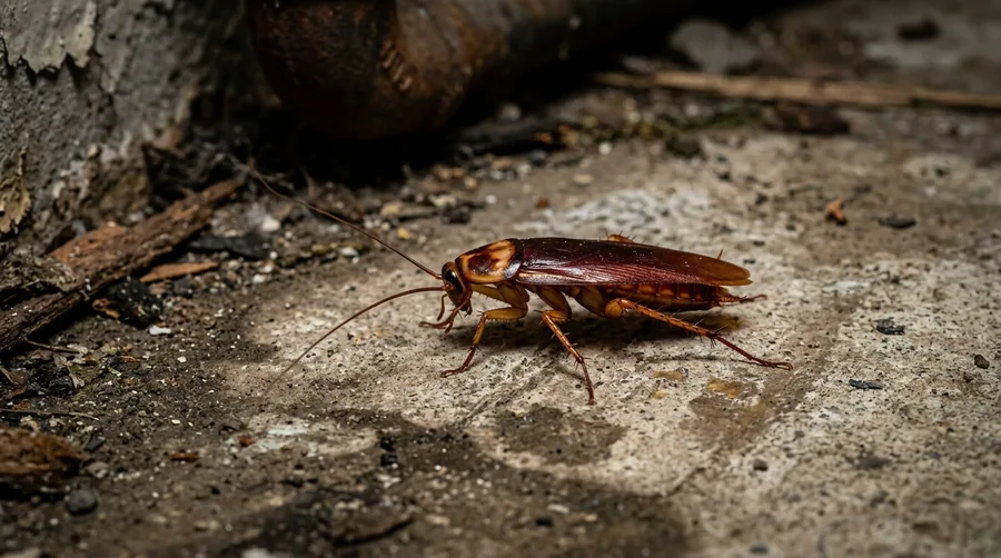 Large reddish-brown American cockroach with a pale yellow figure-eight marking behind its head on a floor
