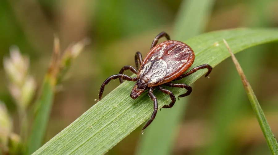 Brown American dog tick with off-white mottled markings on its back on a person's fingertip