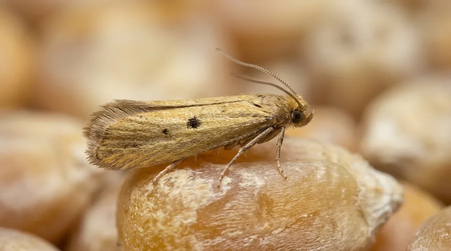 Small buff-yellow Angoumois grain moth beside whole grain kernels with round exit holes