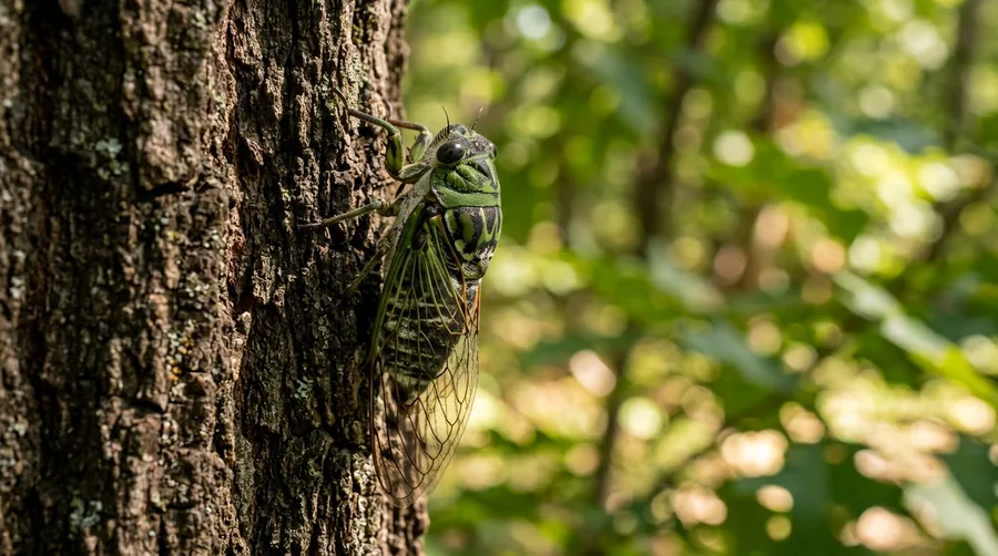 Green and black dog-day cicada with clear wings resting on a leaf in late summer