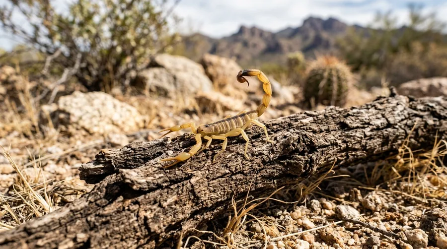 Small pale tan Arizona bark scorpion with slender pincers and a thin tail on a desert rock