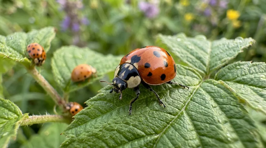 Orange Asian lady beetle with black spots and an M-shaped mark behind its head on a wall