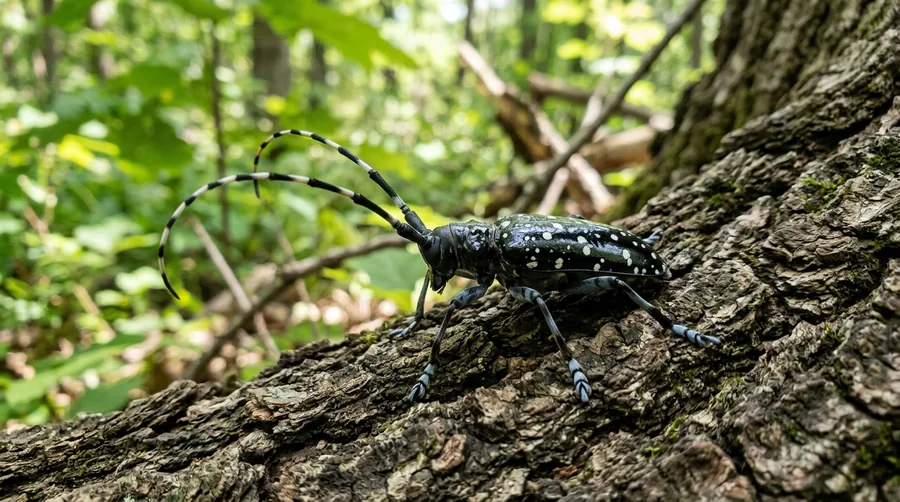 Large glossy black Asian longhorned beetle with white spots and long black-and-white banded antennae