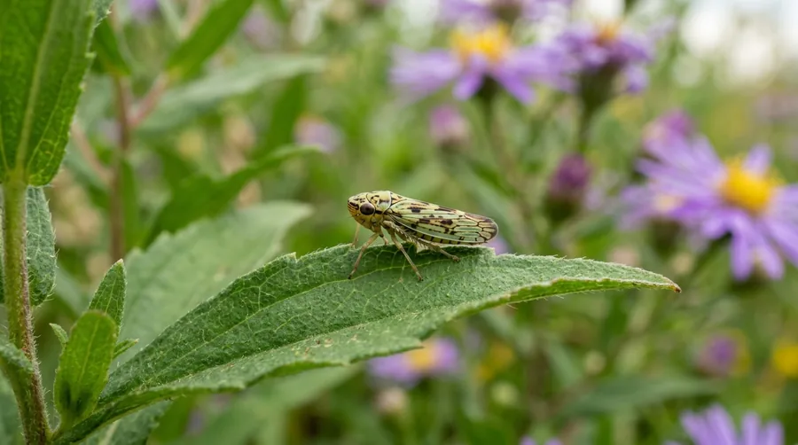 Small greenish aster leafhopper with dark spots on its head resting on a carrot leaf