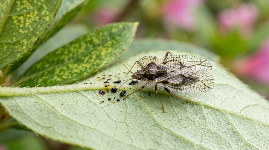 Tiny azalea lace bug with clear lacy wings on the underside of an azalea leaf with stippled upper surface