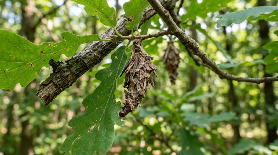 Spindle-shaped bagworm case covered in bits of evergreen needles hanging from an arborvitae branch