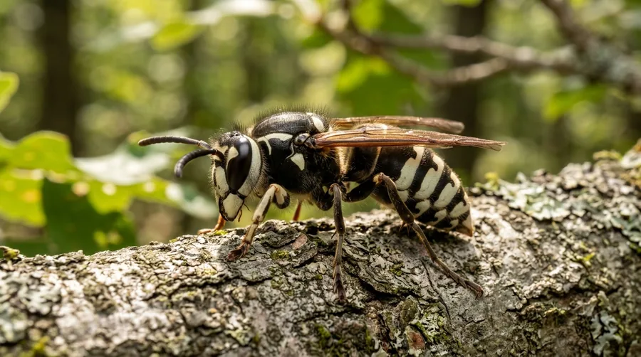 Black and white bald-faced hornet on a large gray football-shaped paper nest in a tree