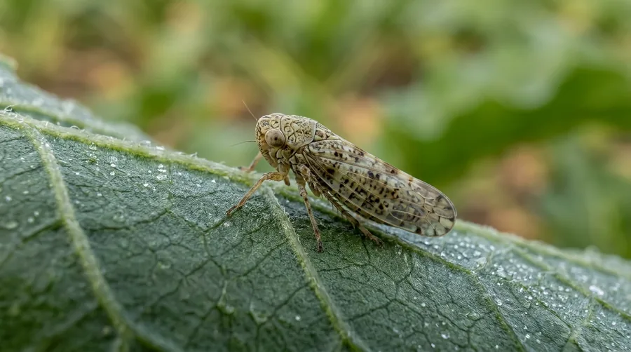 Small pale greenish wedge-shaped beet leafhopper on a beet leaf in bright sun