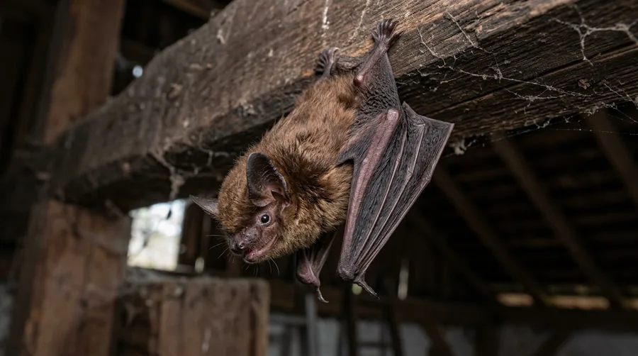 Big brown bat with broad wings clinging to a rafter inside an attic