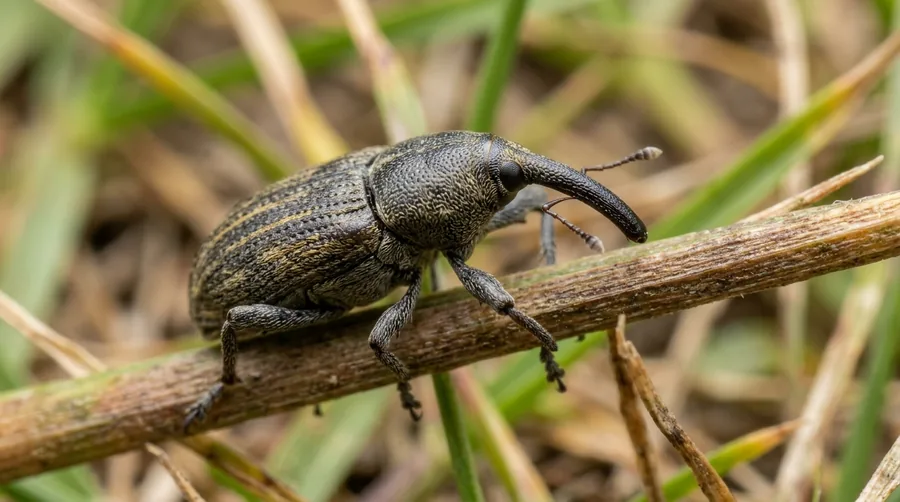 Dark gray billbug weevil with a long snout on a concrete surface beside grass