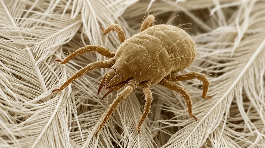 Extremely small pale bird mite on white skin near a feather