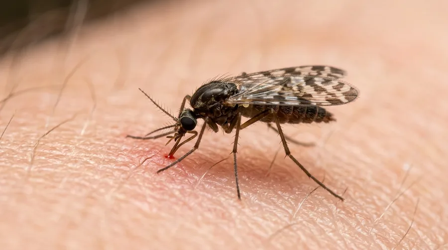 Extremely small biting midge with patterned wings on human skin
