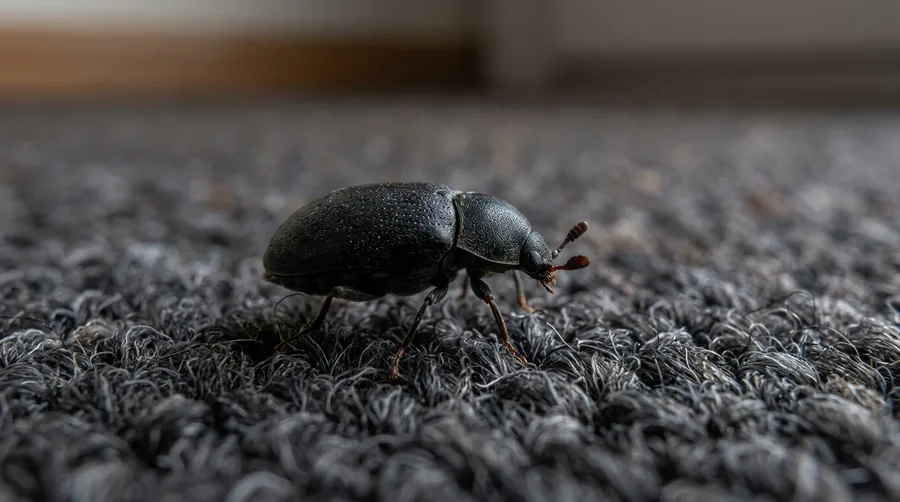 Small shiny black carpet beetle next to a golden-brown hairy larva on fabric