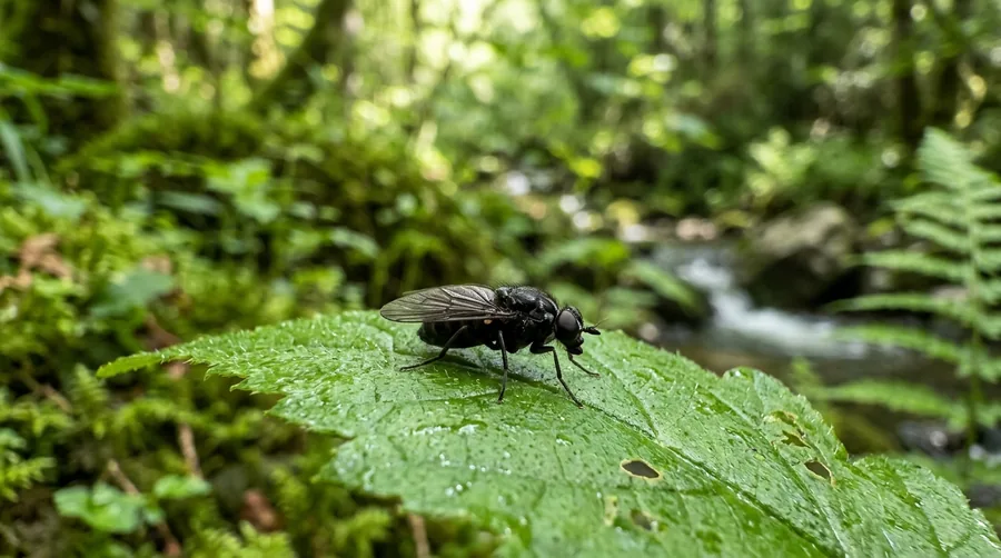 Small dark humpbacked black fly with short legs on a green leaf