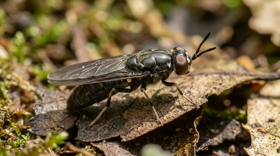 Slender black black-soldier-fly with translucent wings resting on a green leaf
