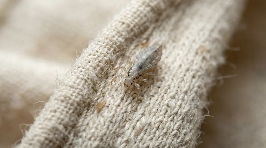 Pale body louse on the seam of a piece of clothing next to fabric fibers