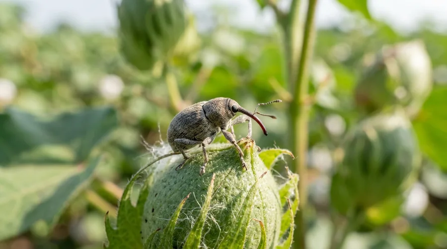 Small gray-brown boll weevil with a long curved snout on a cotton boll
