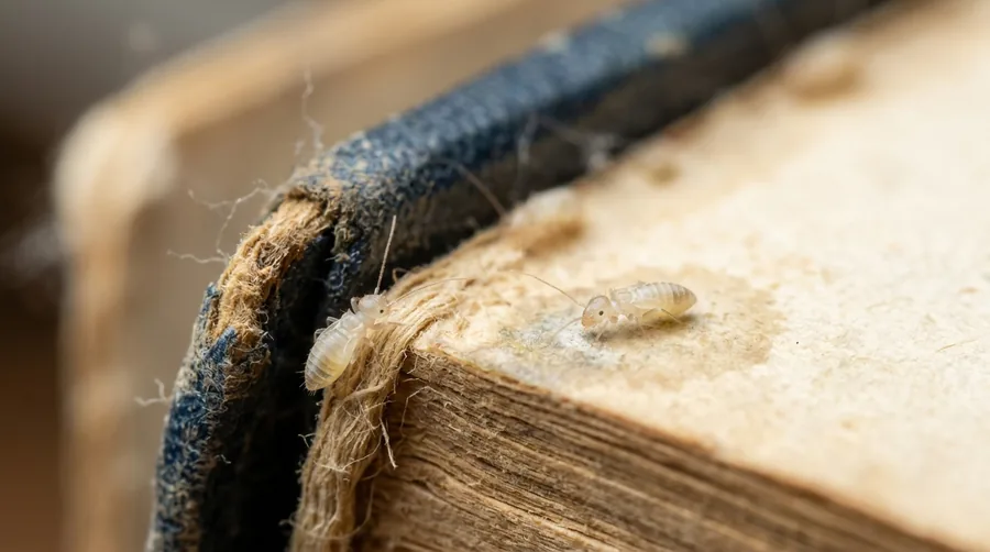 Very small pale booklouse on the yellowed page of a damp old book
