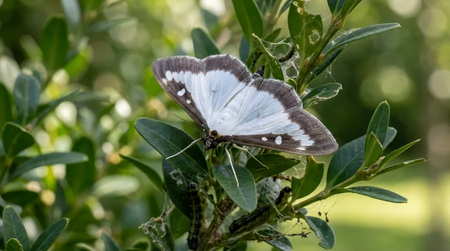Green box tree moth caterpillar with black stripes feeding on a boxwood shrub laced with webbing