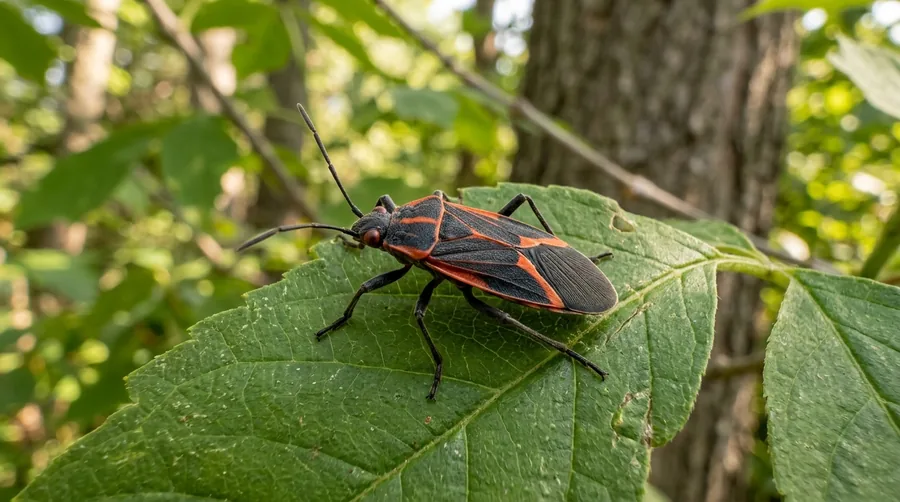 Black boxelder bug with three orange-red stripes and red-edged wings on a sunny wall