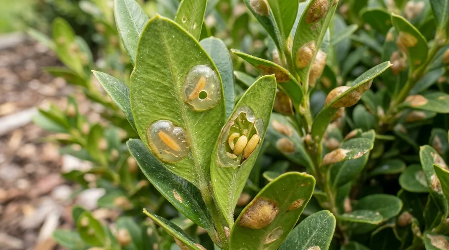Boxwood leaves with yellow-brown blister mines caused by boxwood leafminer larvae