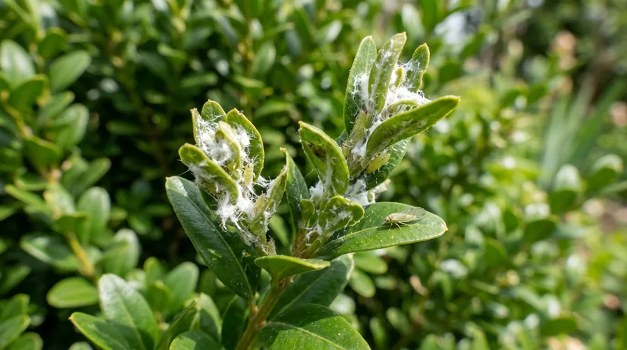 Cupped boxwood leaves with white waxy filaments from feeding boxwood psyllid nymphs