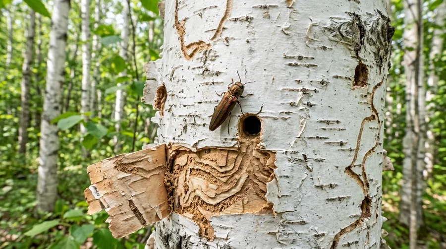 Slender bronze-black bronze birch borer beetle on white birch bark near a D-shaped exit hole