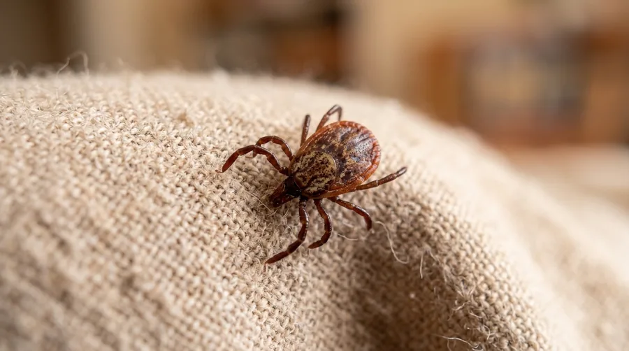 Reddish-brown brown dog tick with an elongated body crawling on a dog's short fur