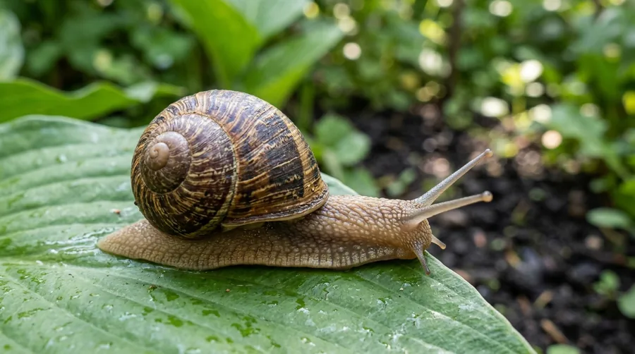 Brown garden snail with a banded round shell on a chewed green leaf
