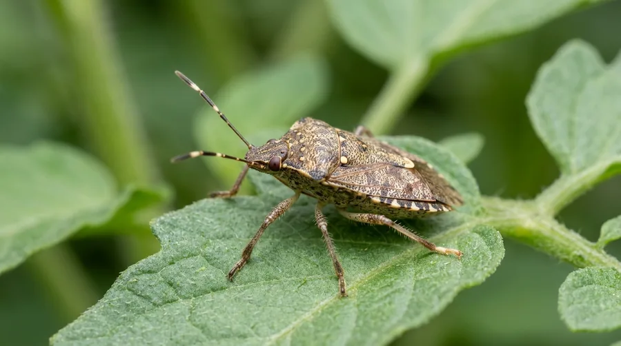 Shield-shaped mottled brown marmorated stink bug with white antenna bands on a window screen
