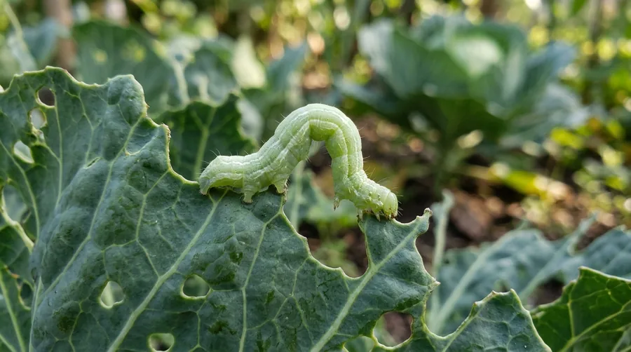 Green cabbage looper caterpillar arching its body in a loop on a cabbage leaf