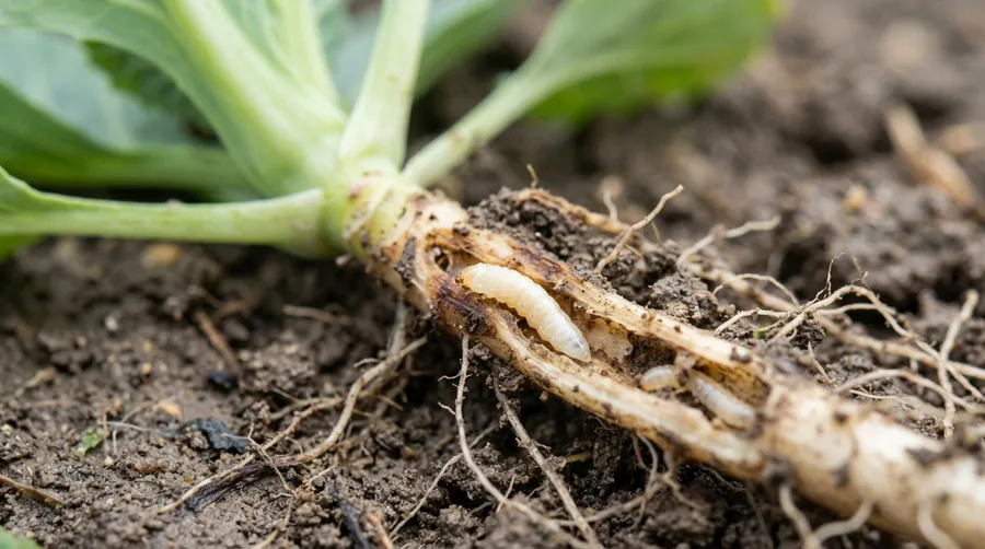 White legless cabbage maggots feeding in the tunneled root of a cabbage seedling