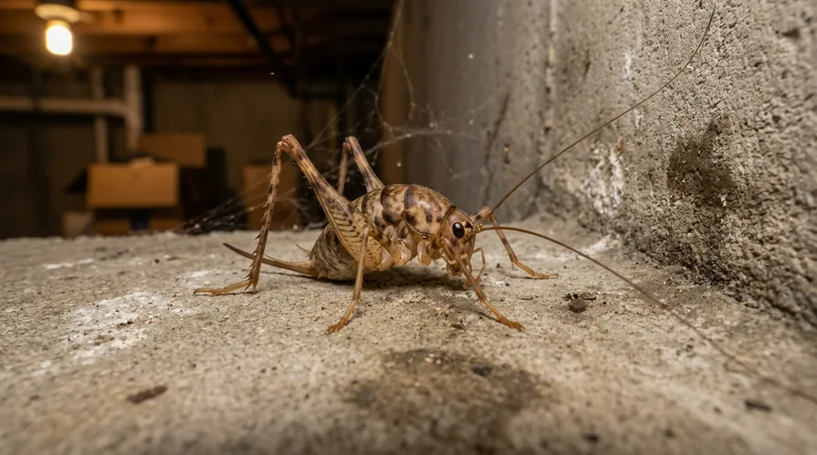 Humpbacked, wingless camel cricket with long legs on a damp basement wall