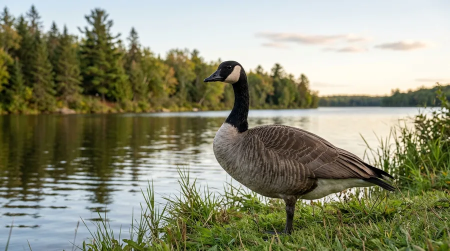 Canada goose with a black head and neck and white chinstrap standing on a green lawn