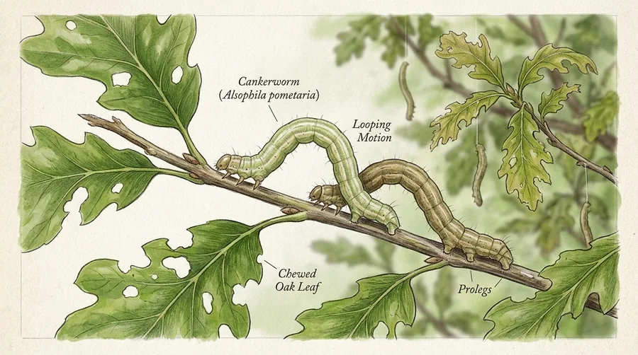Green cankerworm inchworm looping along a tree leaf it has chewed full of holes