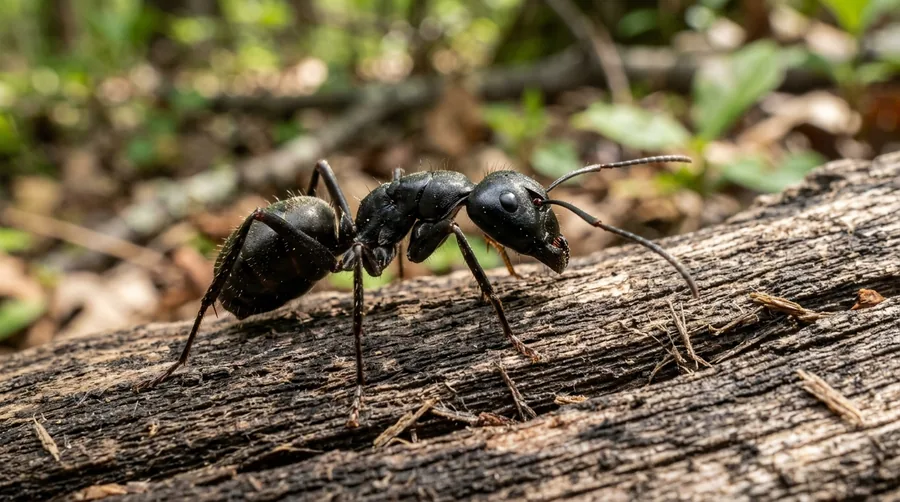 Large black carpenter ant on damp wood beside a small pile of sawdust-like frass